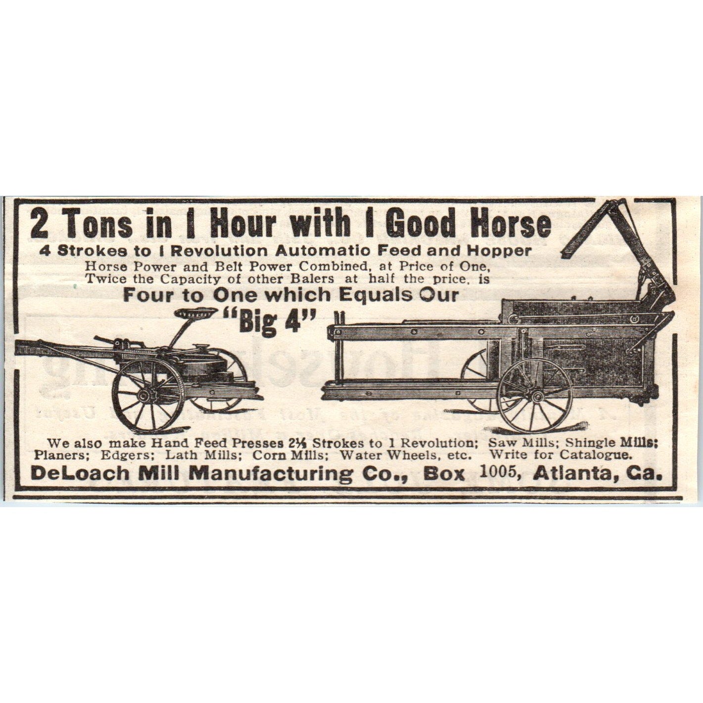 DeLoach Mill Mfg Co Automatic Feed Hopper Atlanta GA 1905 Magazine Ad AF1-NH1