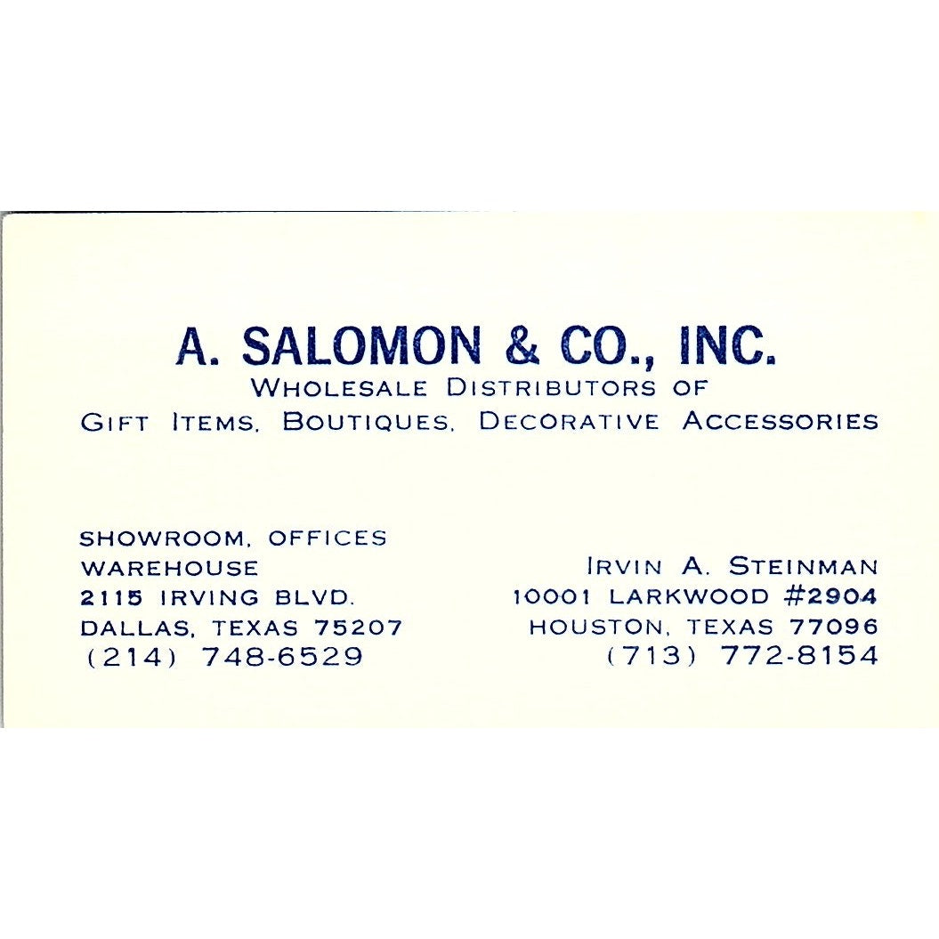 A. Salomon & Co Irvin A. Steinman Houston Texas Vintage Business Card SF3-B4