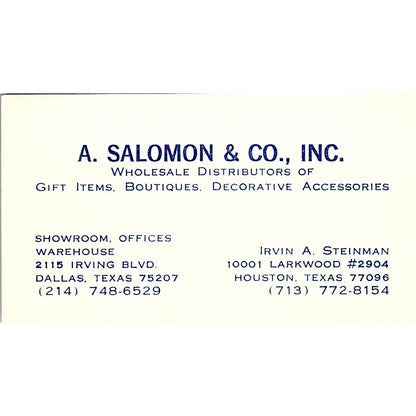 A. Salomon & Co Irvin A. Steinman Houston Texas Vintage Business Card SF3-B4