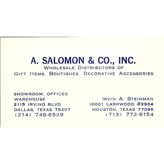 A. Salomon & Co Irvin A. Steinman Houston Texas Vintage Business Card SF3-B4