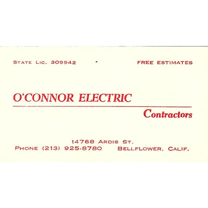 O'Connor Electric Contractors Bellflower CA Vintage Business Card SF3-B6