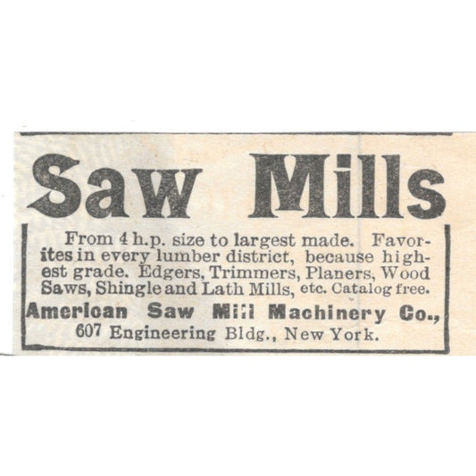 American Saw Mill Machinery Co NY 1905 Magazine Ad AF1-NES1