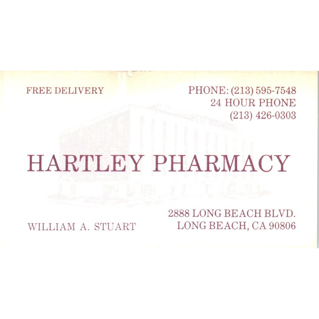 Hartley Pharmacy William A. Stuart Long Beach CA Vintage Business Card SD8-B15