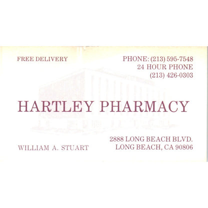 Hartley Pharmacy William A. Stuart Long Beach CA Vintage Business Card SD8-B15