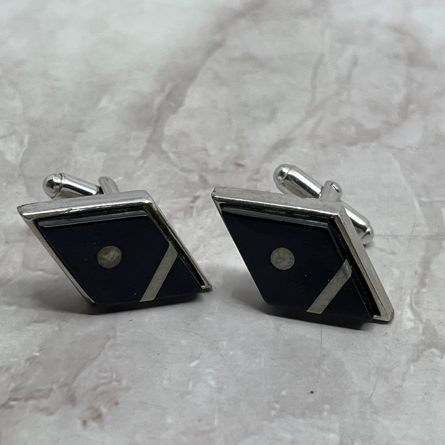 Vintage MCM Mod Black Enamel Chrome Diamond Shape Cufflinks Set SE5