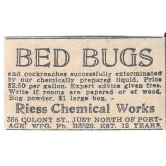 Riess Chemical Works Bed Bug Control Portage Winnipeg 1920 Ad AG2-S7