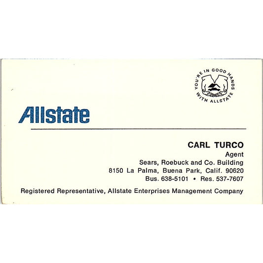 Carl Turco Buena Park CA Allstate Ins Vintage Business Card SE3-B15