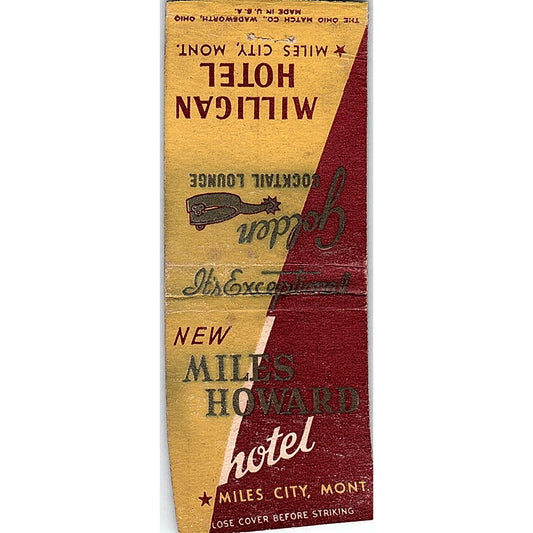 Hotel Milligan, Miles Howard Hotel Miles City MT Vintage Matchbook Cover SC7-Y4