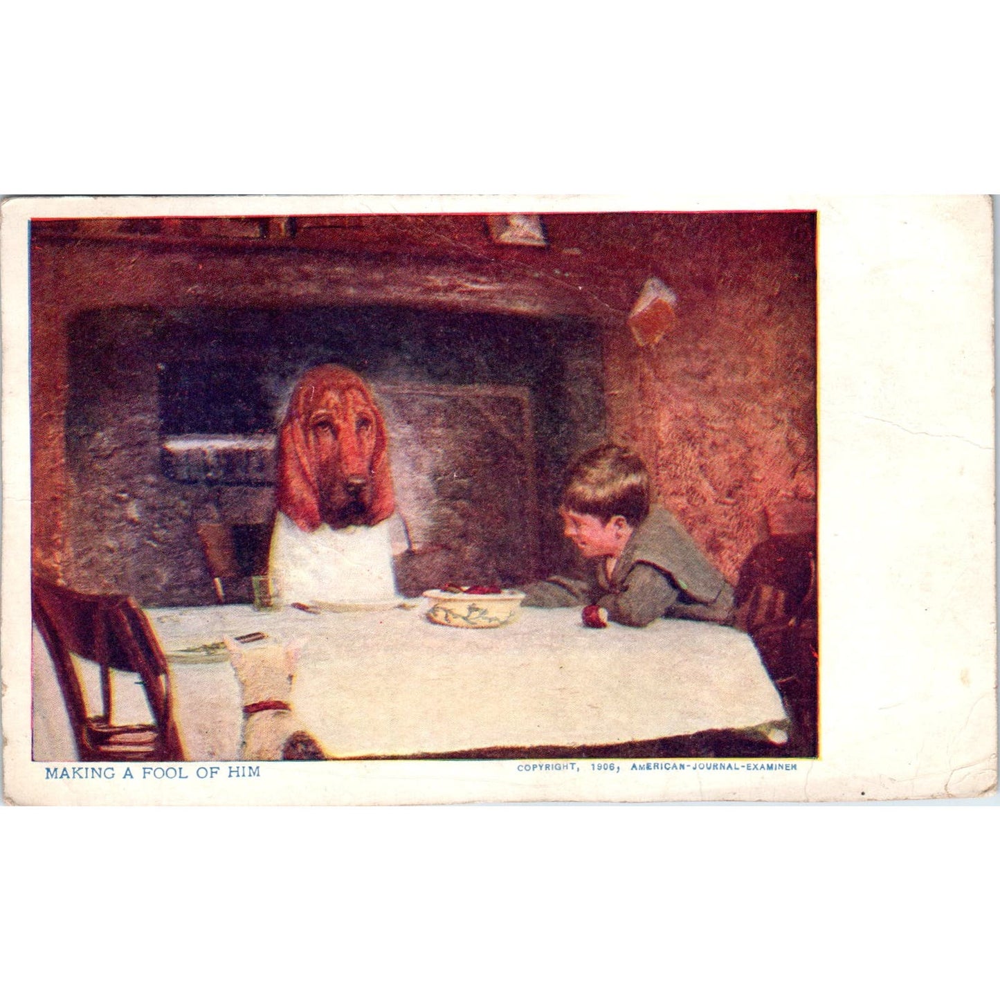 Bloodhound Dog and Boy at Dinner Table Humor Illustration c1906 Postcard PD2