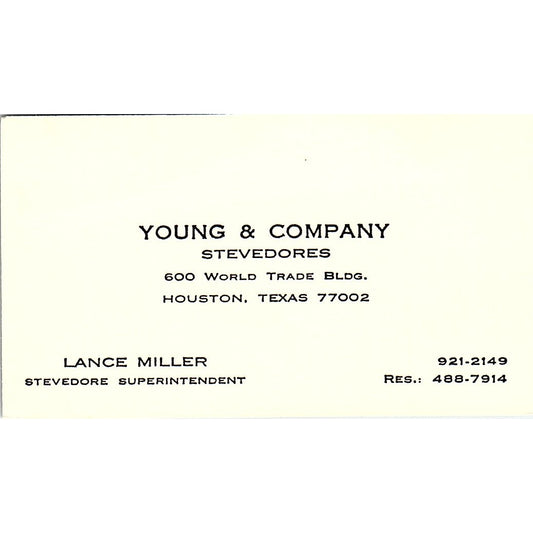 Young & Company Stevedores Lance Miller Houston TX Vintage Business Card SB4-B11