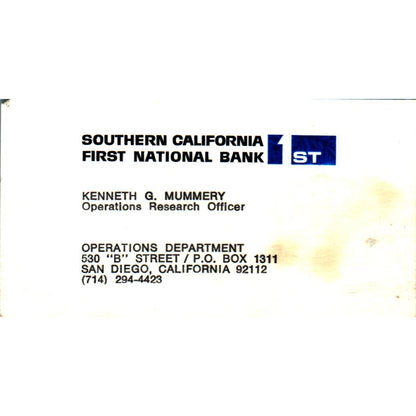Kenneth G Mummery California First Bank Lakewood Vintage Business Card SE3-B9