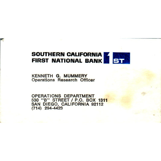 Kenneth G Mummery California First Bank Lakewood Vintage Business Card SE3-B9