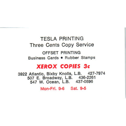 Tesla Printing & Copying Service Long Beach CA Vintage Business Card SD4-B3