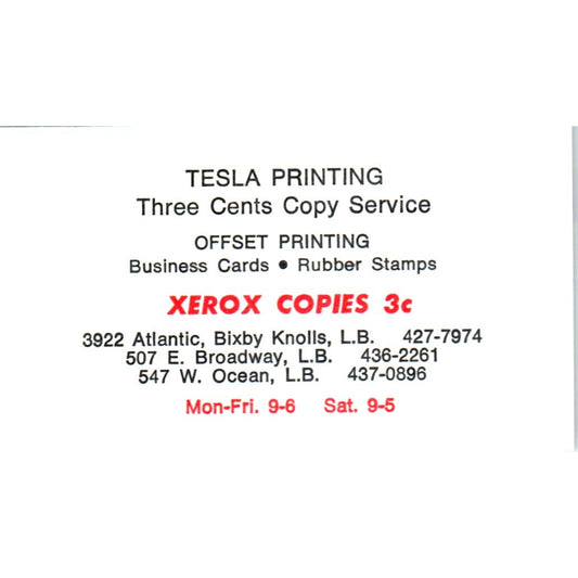 Tesla Printing & Copying Service Long Beach CA Vintage Business Card SD4-B3