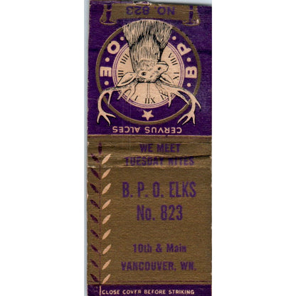 B.P.O. Elks No. 823  Vancouver WN Vintage Matchbook Cover SD4-Y5