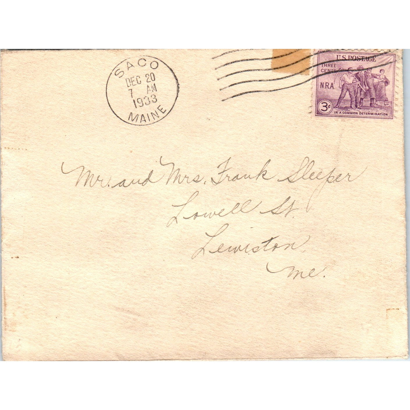 1933 Saco Main to Frank L. Sleeper Lewiston ME Postal Cover Envelope TG7-PC1