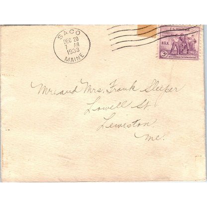1933 Saco Main to Frank L. Sleeper Lewiston ME Postal Cover Envelope TG7-PC1