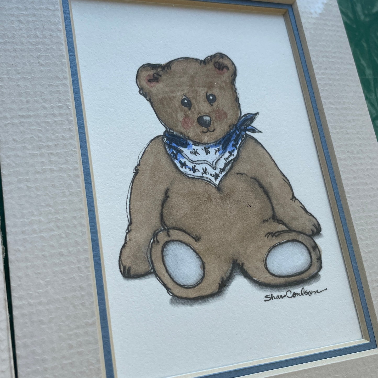 Teddy Bear Blue Accents 5x7 Matted Print Hand Watercolor, Signed Shar Coulson