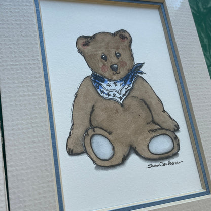 Teddy Bear Blue Accents 5x7 Matted Print Hand Watercolor, Signed Shar Coulson