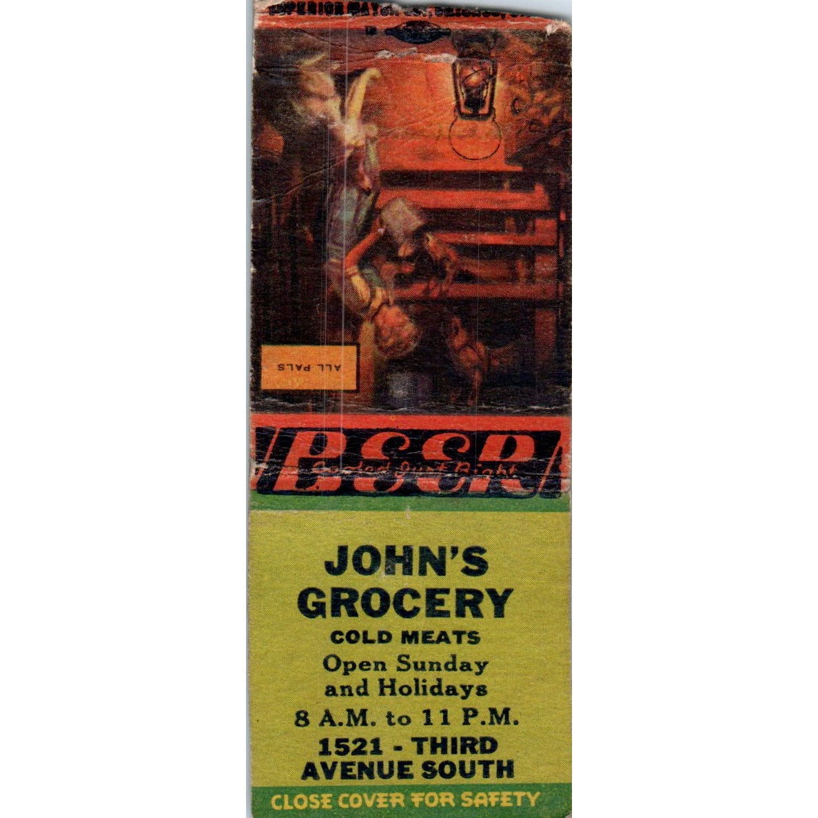 John's Grocery Cold Meats 1521 Third Avenue South Vtg Matchbook Cover SD2-Y10