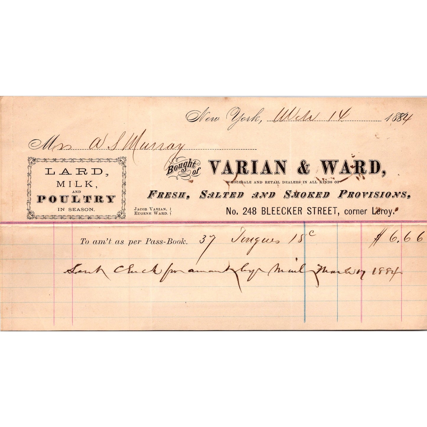 Jacob Varian & Eugene Ward Groceries New York 1884 Billhead & Bank Check C30