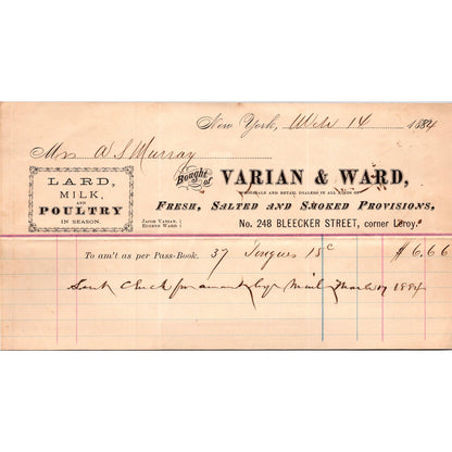 Jacob Varian & Eugene Ward Groceries New York 1884 Billhead & Bank Check C30