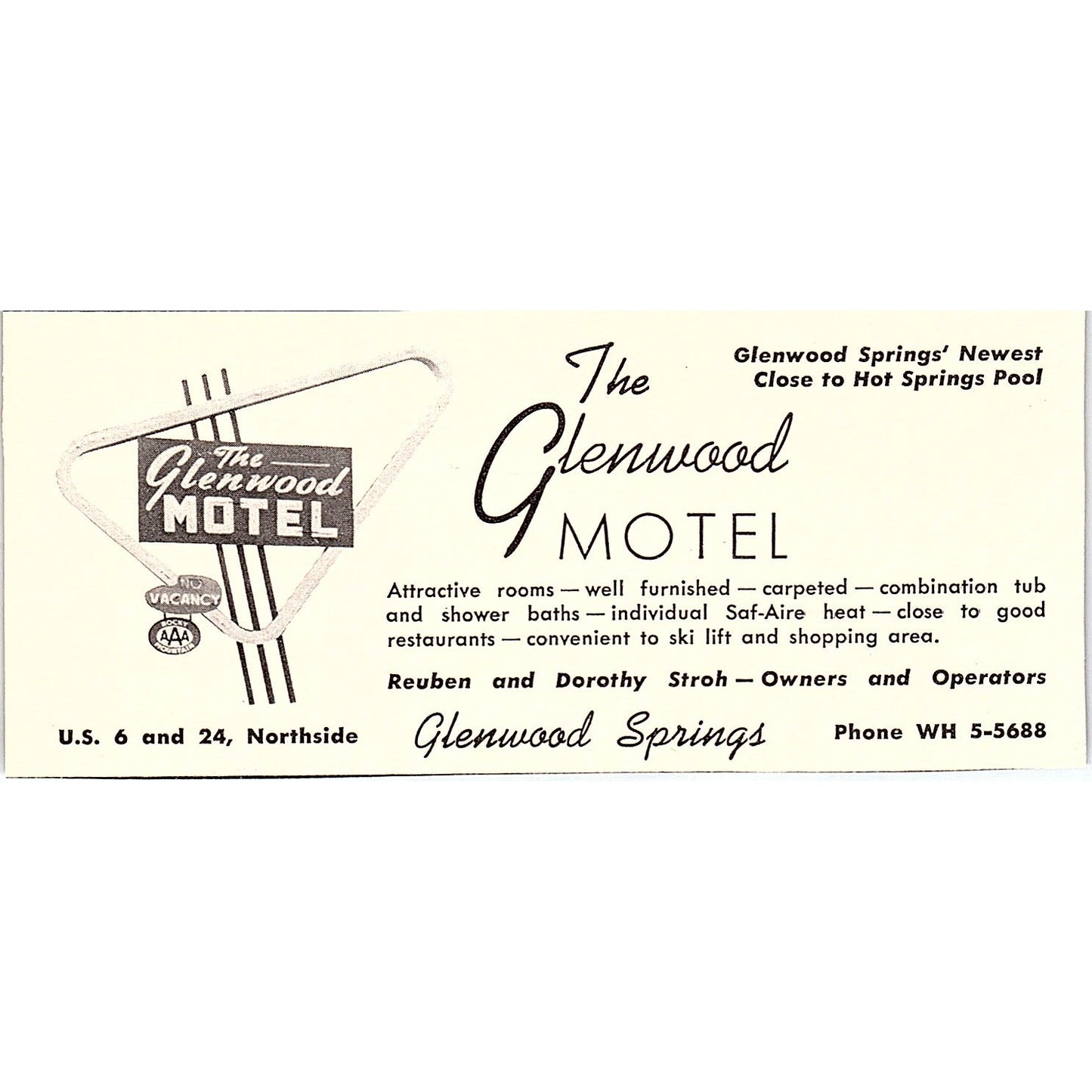 The Glenwood Motel Reuben & Dorothy Stroh Glenwood Springs CO 1958 Ad AG1-M3