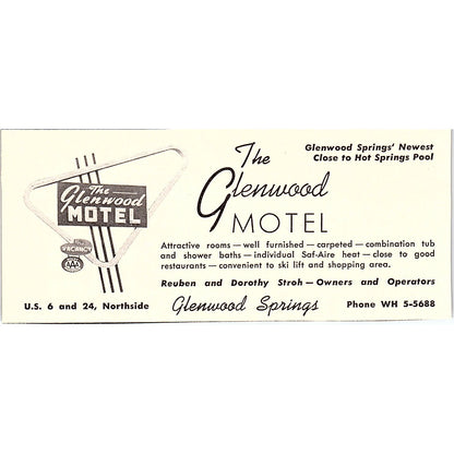 The Glenwood Motel Reuben & Dorothy Stroh Glenwood Springs CO 1958 Ad AG1-M3