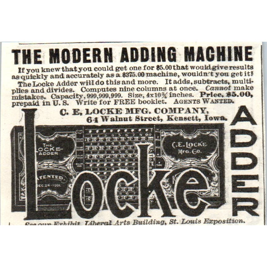 C.E. Locke Adding Machine Kensett Iowa c1905 Original Advertisement AE7-A3