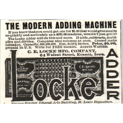 C.E. Locke Adding Machine Kensett Iowa c1905 Original Advertisement AE7-A3