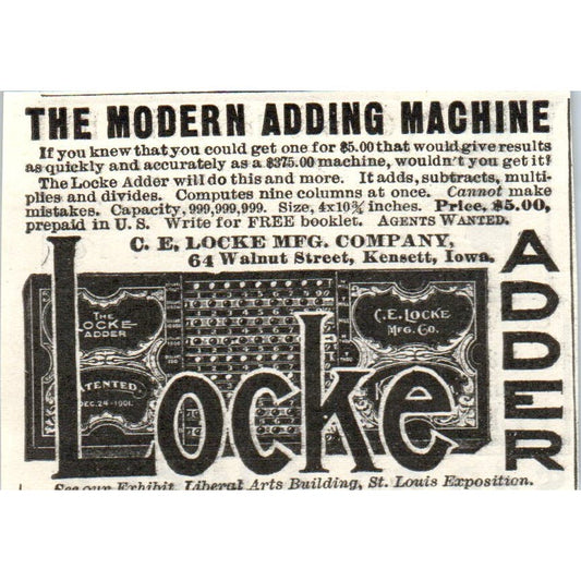 C.E. Locke Adding Machine Kensett Iowa c1905 Original Advertisement AE7-A3