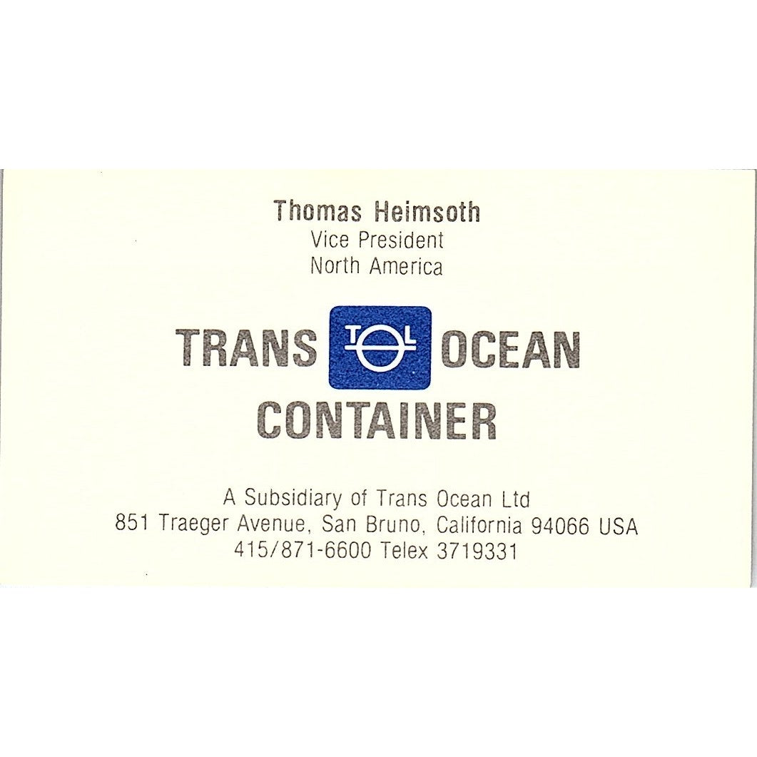 Tran Ocean Container Thomas Heimsoth San Bruno CA Vintage Business Card SC9-B2
