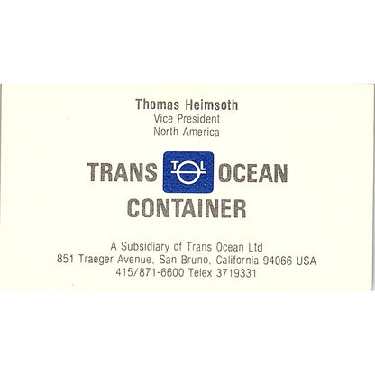 Tran Ocean Container Thomas Heimsoth San Bruno CA Vintage Business Card SC9-B2