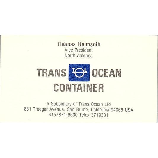 Tran Ocean Container Thomas Heimsoth San Bruno CA Vintage Business Card SC9-B2