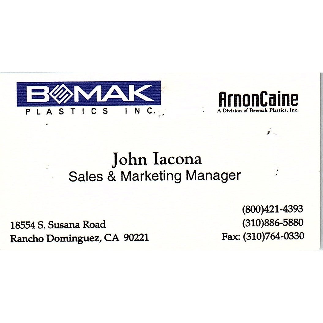 John Iacona Beemak Plastics Rancho Dominguez CA Vintage Business Card SC9-B11