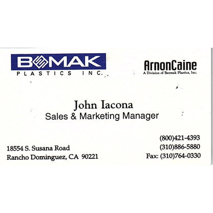 John Iacona Beemak Plastics Rancho Dominguez CA Vintage Business Card SC9-B11