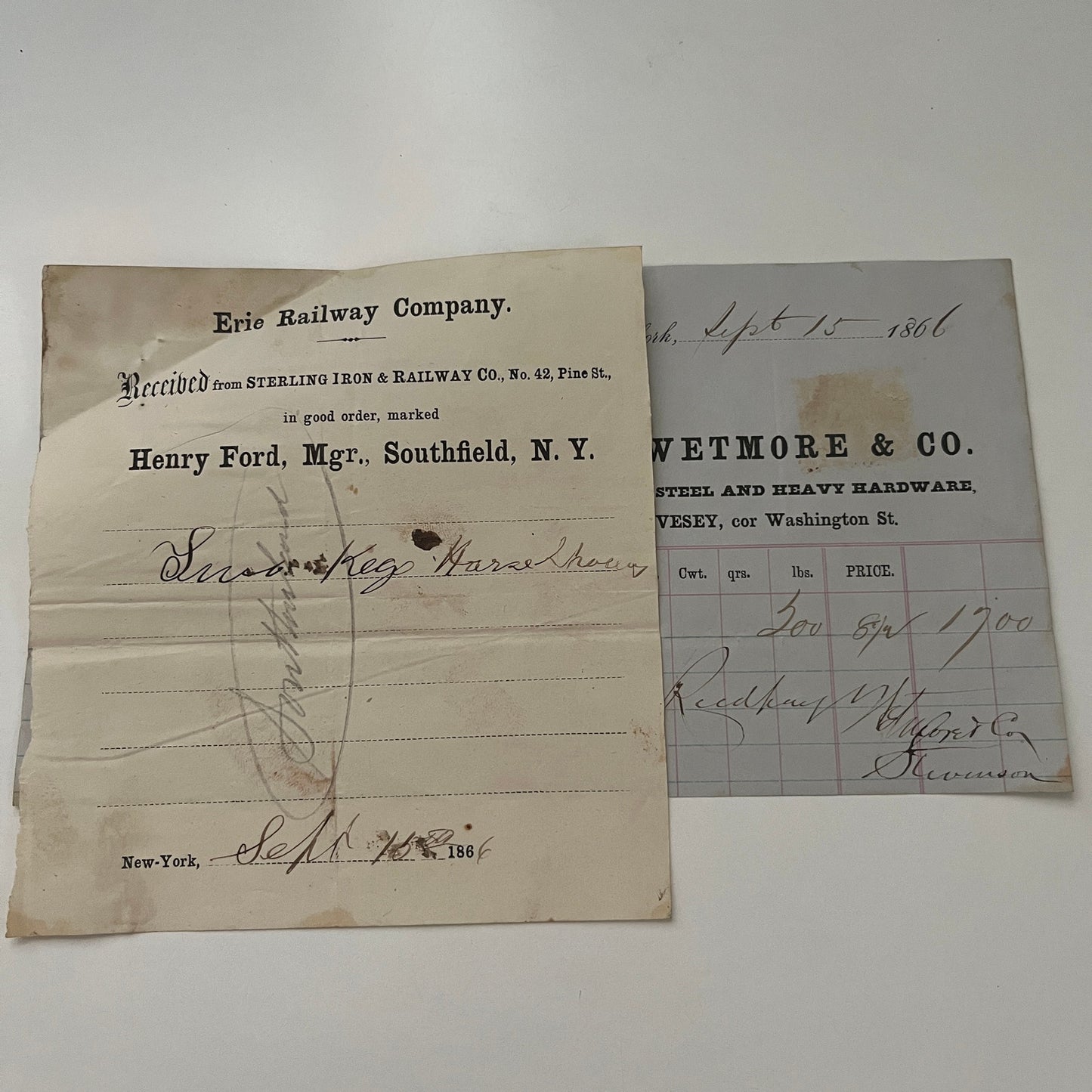Wetmore & Co Iron, Steel New York 1866 Billhead & Erie Ry Waybill C15