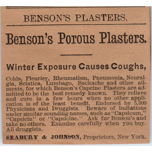 Benson's Porous Plasters Seabury & Johnson NY 1886 Victorian Ad AB8-HT1