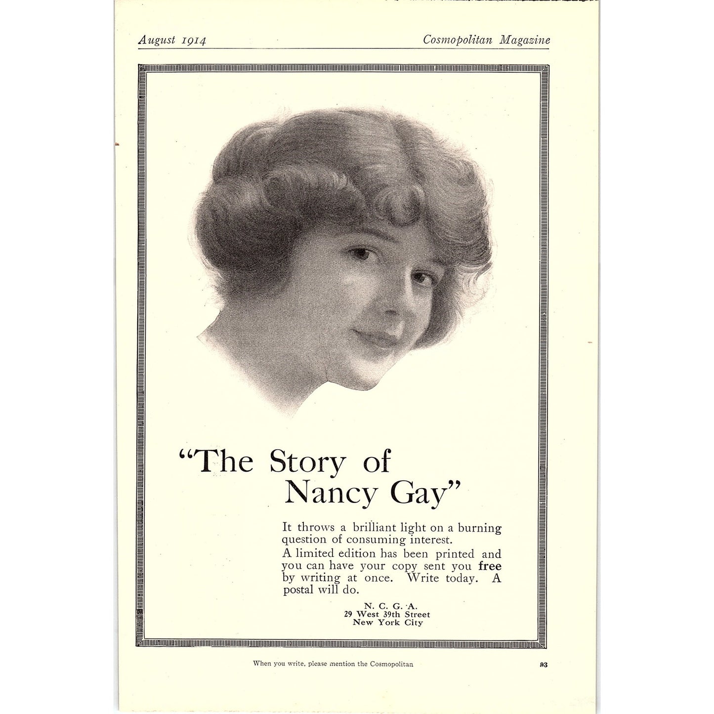 1914 The Story of Nancy Gay N.C.G.A. NY Antique Magazine Ad 6.5x9.5 V4