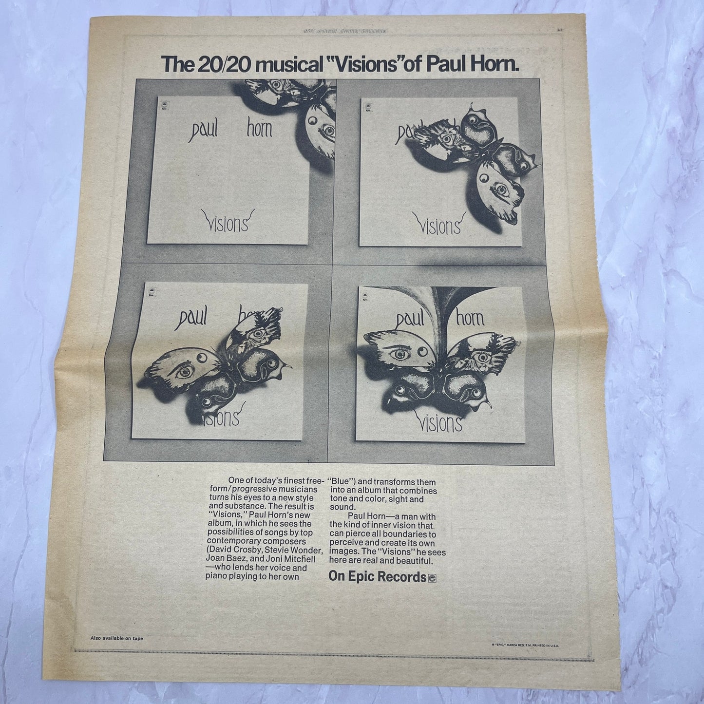 The 20/20 Musical "Visions" of Paul Horn 11x14.5" 1974 Ad V14-2