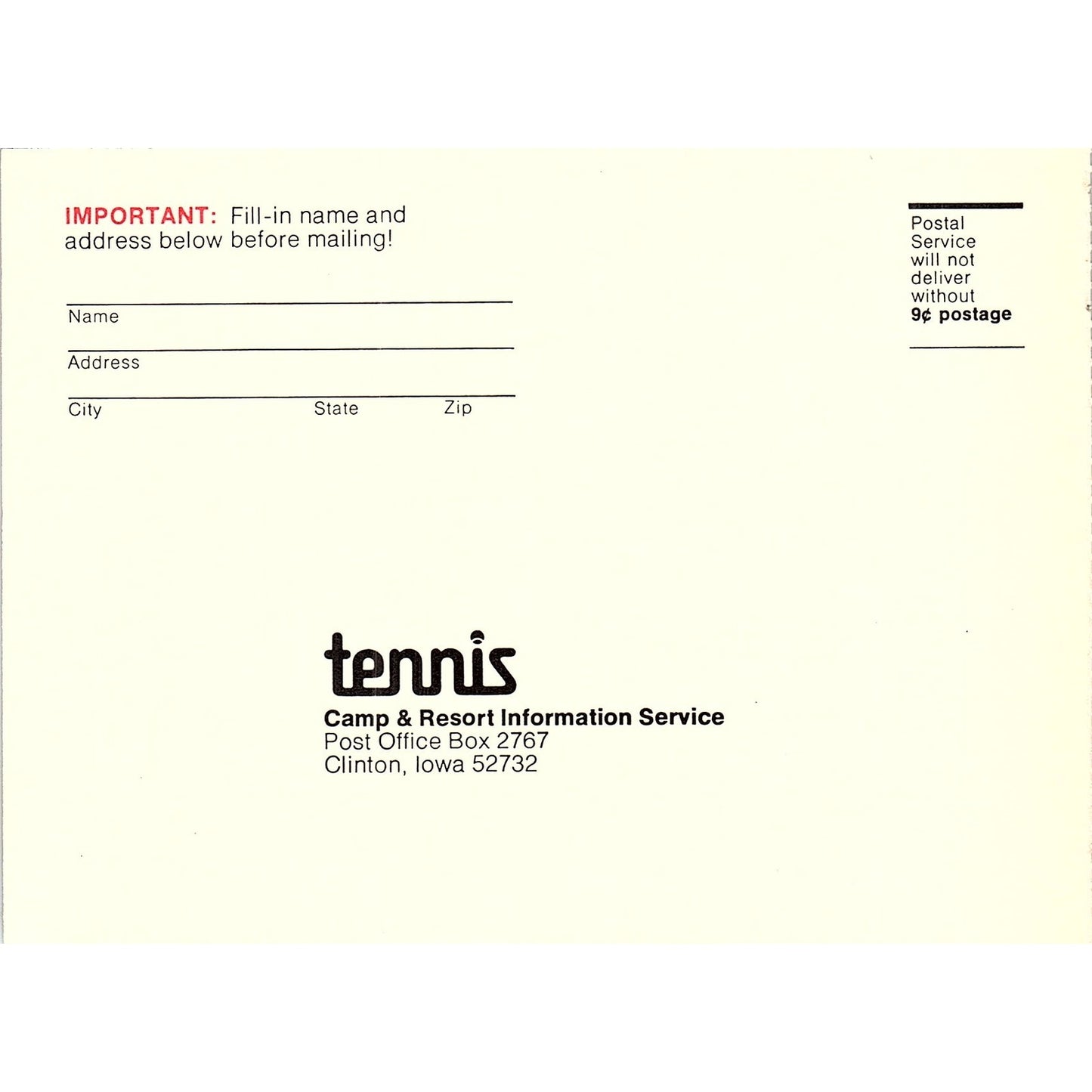 Tennis Camp & Resort Information Service Postal Card Clinton IA 1977 Ad AF3-M2