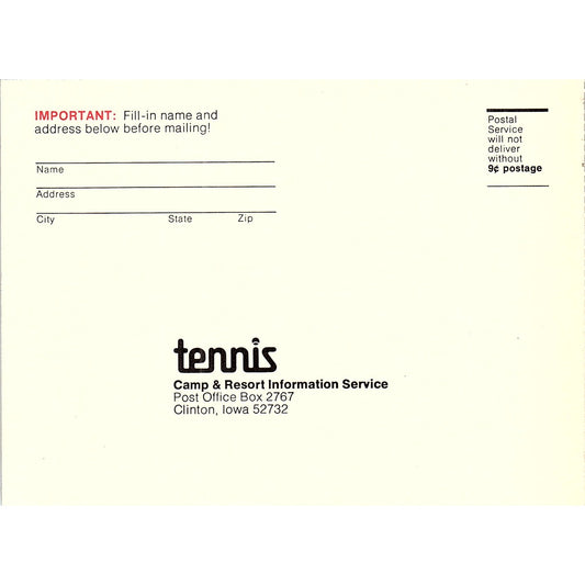 Tennis Camp & Resort Information Service Postal Card Clinton IA 1977 Ad AF3-M2