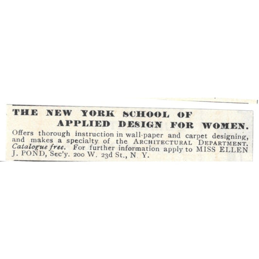 The New York School of Applied Design for Women Ellen J. Pond 1892 Ad AG2-S24