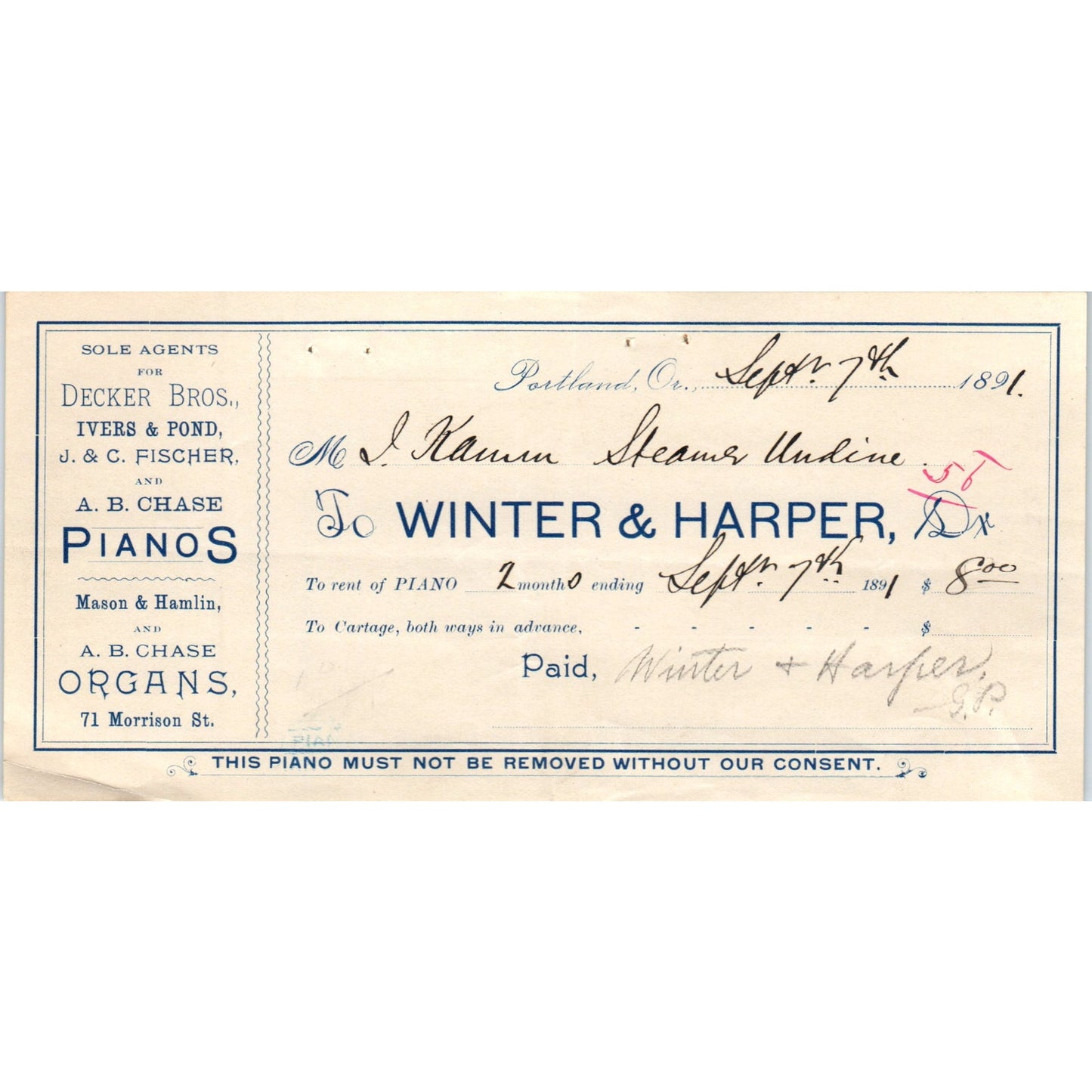 1891 Winter & Harper Piano Rental Slip Portland Oregon AD8-R3