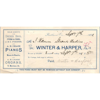 1891 Winter & Harper Piano Rental Slip Portland Oregon AD8-R3