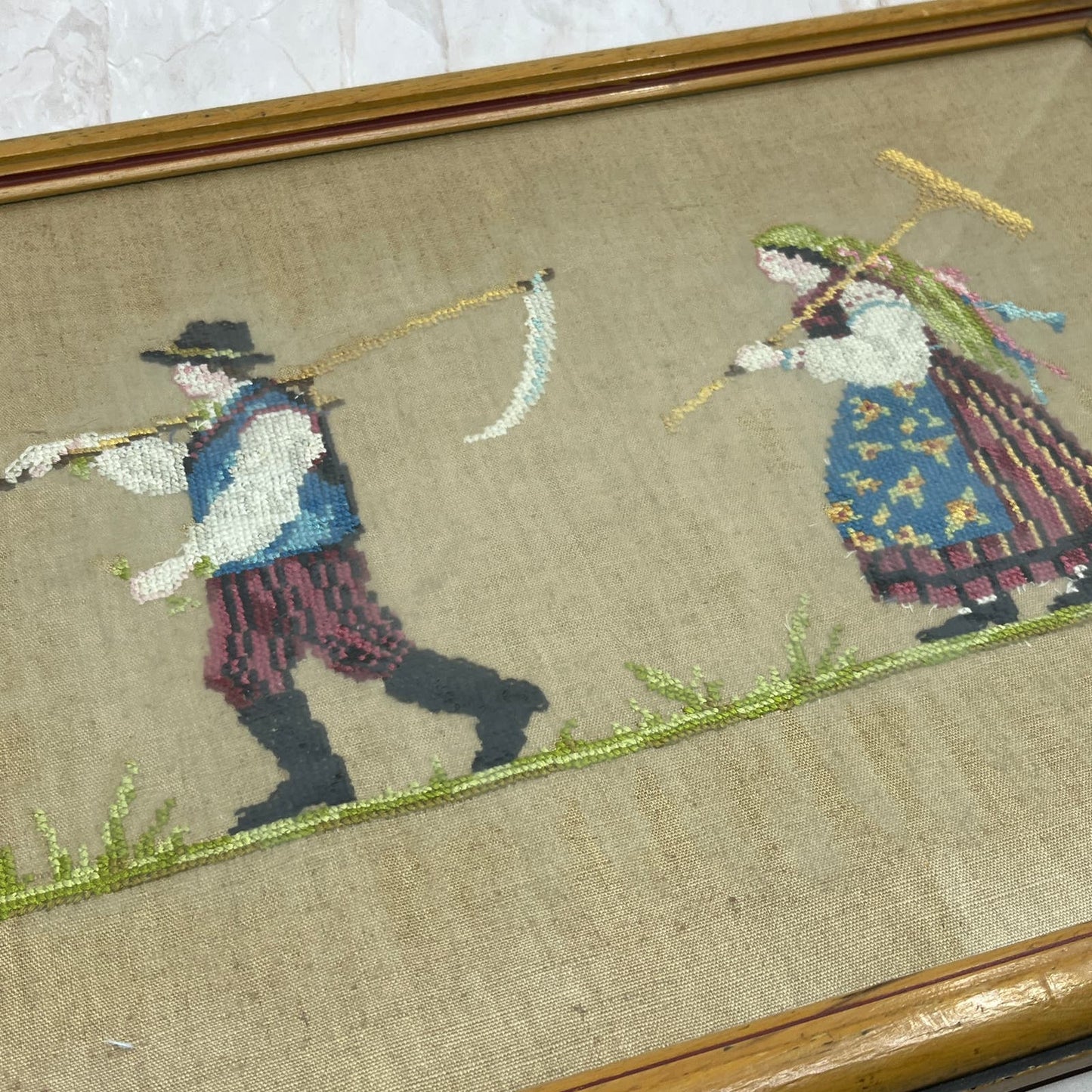 Vintage Framed Needlepoint Embroidery Wall Art Husband & Wife Farmers 13x20”