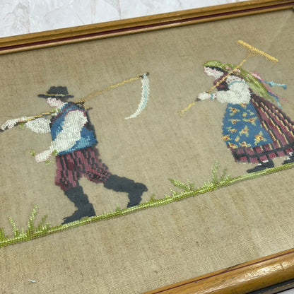 Vintage Framed Needlepoint Embroidery Wall Art Husband & Wife Farmers 13x20”