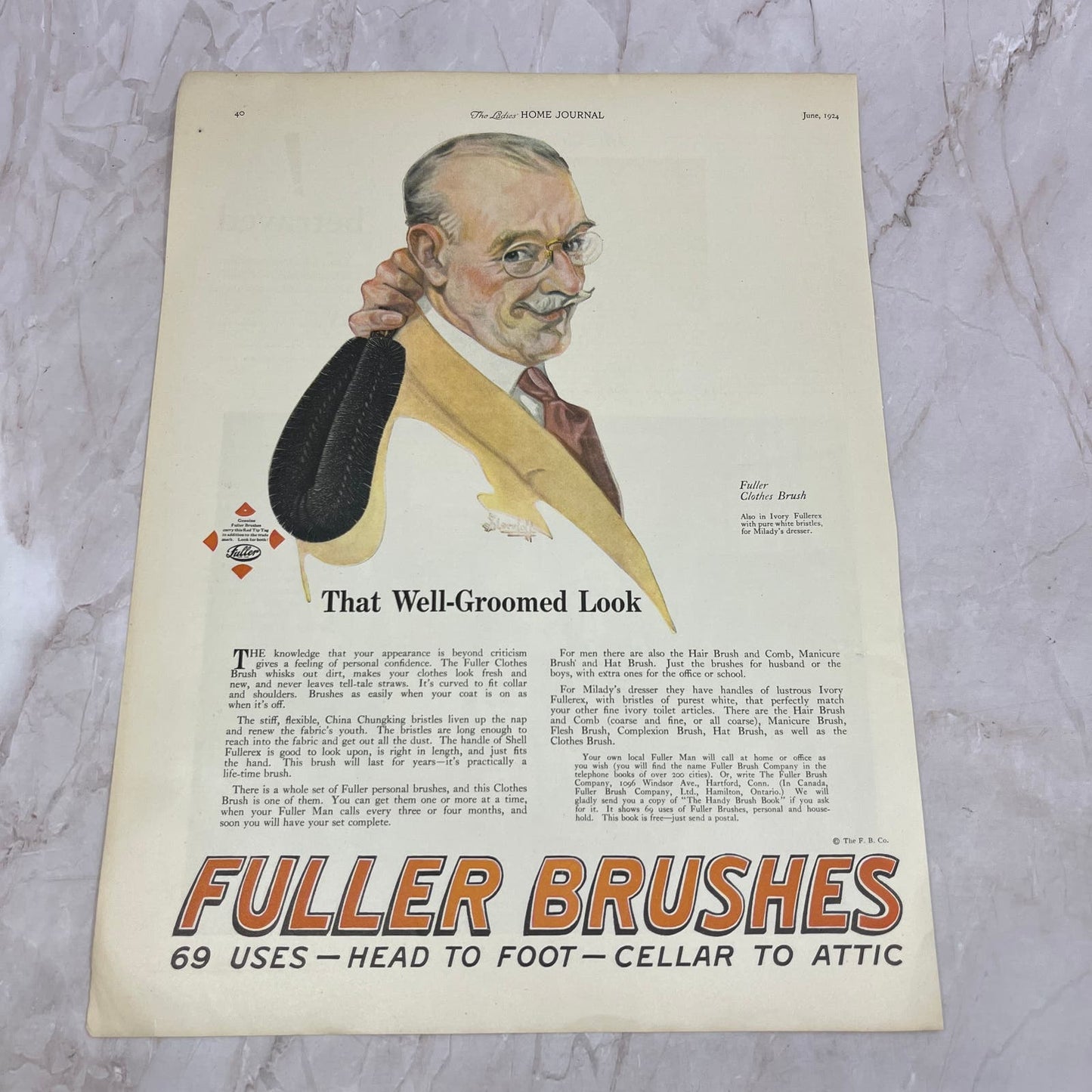 Fuller Brushes Head to Foot, Cellar to Attic Hartford CT 1924 Magazine Ad FL6-11