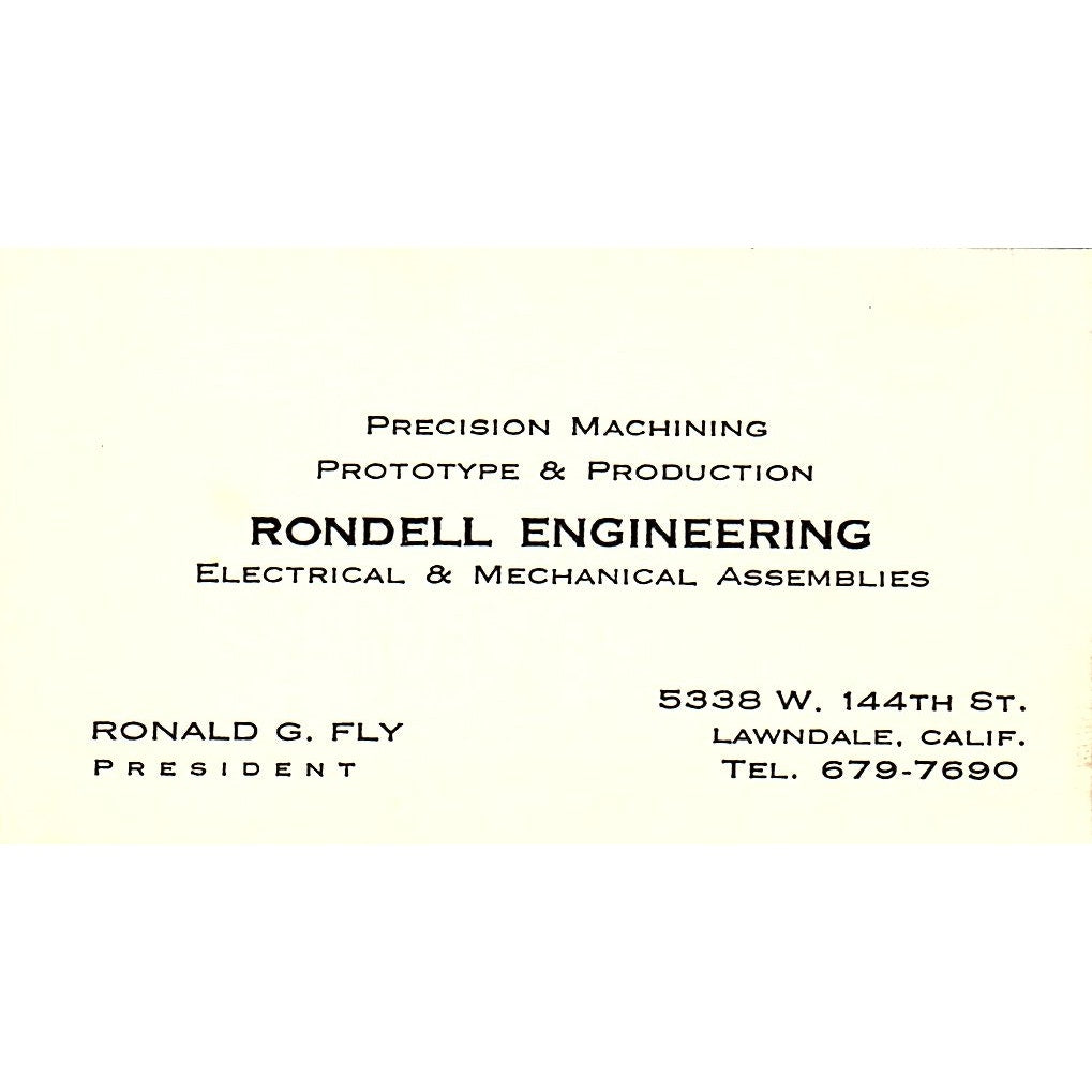 Rondell Engineering Ronald G. Fly Lawndale CA Vintage Business Card SF3-B5