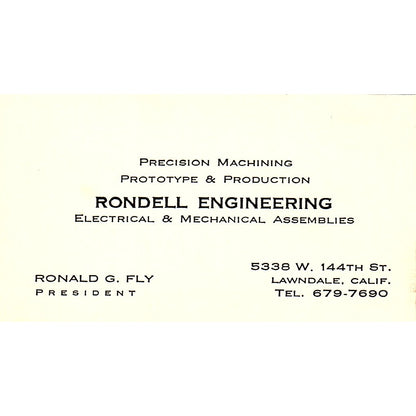 Rondell Engineering Ronald G. Fly Lawndale CA Vintage Business Card SF3-B5